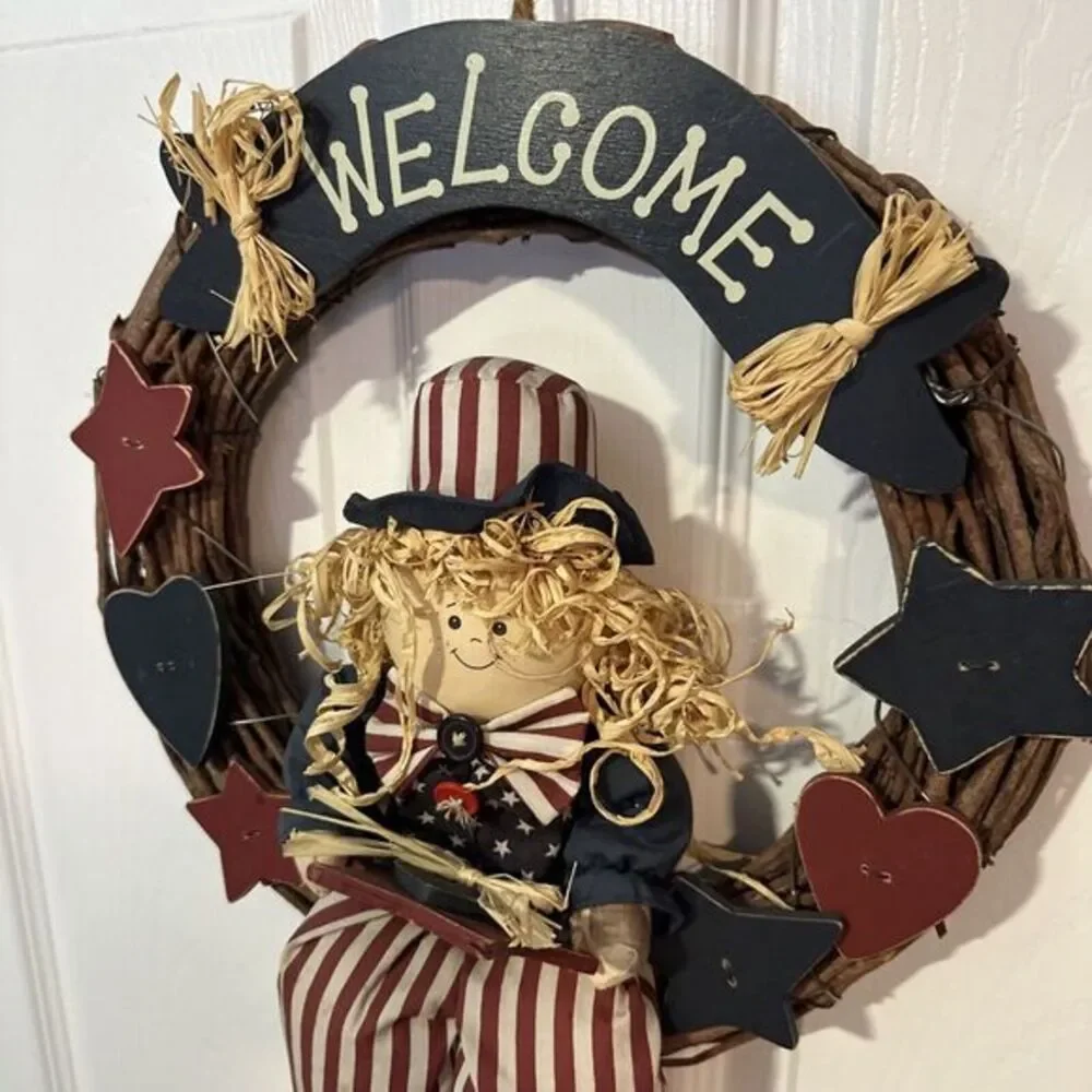 4th of July Patriotic‎ Wreath for Front Door Red White Blue Vintage hanging